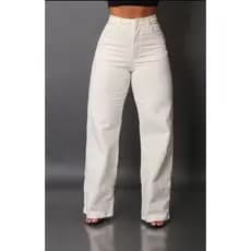 Calça Feminina NATURAL DENIM BEGE OFF WHITE Jeans Wide Leg Pantalona Cintura Alta com Lycra Premium