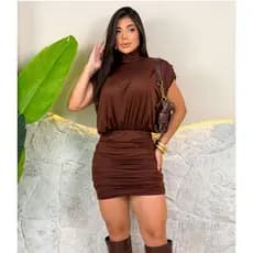 Vestido Feminino Gola Alta Saia Drapeada Luxo Curto Moda Balada Gringa Blogeira