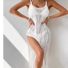 Saida de praia Vestido tricot Crochê  Com Fendas Laterais e Cintura modelada