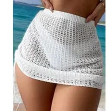 Saida de Praia  Saia Curta  Tricot Crochê com Cordões Laterais para ajuste Moda Praia E Piscina