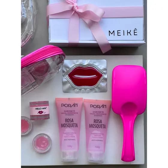 Kit de Cuidados com 8 itens – Necessaire + Escova Perfumada + Sabonete e Esfoliante Facial + Máscara + Esfoliante Labial