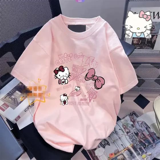 Camisa Summer Ins New Sanrio HelloKit  De Verão Camiseta De Manga Curta Versão Coreana Feminina  De Meia font t-shirt