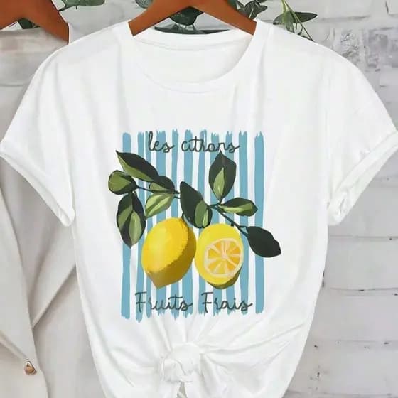 Camiseta  Manga Curta Casual com Estampa de Limão feminina listras azuis