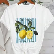 Camiseta  Manga Curta Casual com Estampa de Limão feminina listras azuis