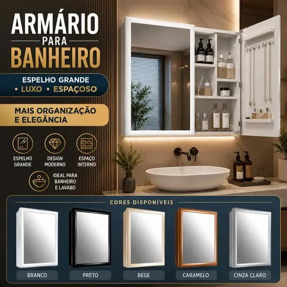 Armário de Banheiro com Espelho Grande Luxo Dual Espaçoso Armarinho Banheiro