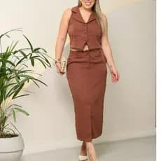 Conjunto Feminino Social Saia midi Alfaiataria  com fenda e colete acompanha cinto PREMIUM