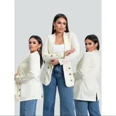 Blazer Social Liso Botões Alongado Feminino Acinturado Neoprene