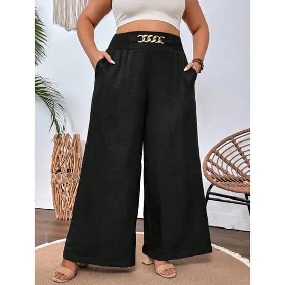 Calça Pantalona Plus Size Feminina Em Linho Cintura Alta elástico na costa - Elegante  G1 - G2 - G3