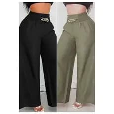 KIT 2 Calça Pantalona Linho com perna larga, Cintura alta e casual com decoração De Corrente