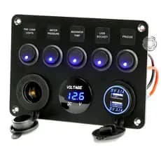 Painel Elétrico 5 Chaves 2 Usb Com Voltímetro Para Carro, Barco, Iate, Trailer, Caminhão