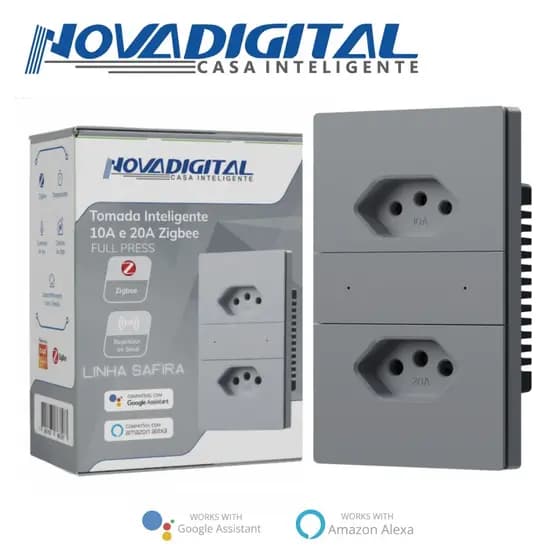Tomada Dupla Inteligente Zigbee Novadigital 10A e 20A Bivolt Full Pres Linha Safira Branca Cinza