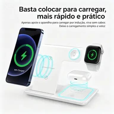 Carregador Sem Fio 3 em 1 Magnético Magsafe Novo, Base Rápida para Celular, Relógio e Fone Bluetooth