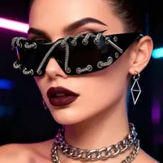 Óculos de sol sem moldura Punk piscando diamante anel de Metal rebites retrô estilo futuro óculos de sol para festa