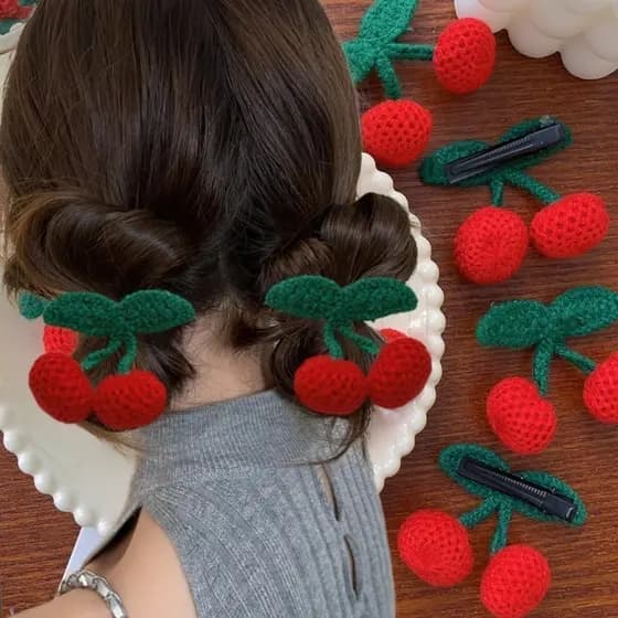 2/4 Unidades De Grampo De Cabelo Cereja De Malha Vermelha-Grampos Laterais-Tricô Feito À Mão-Chapéus De Bebê Fofos-Acess