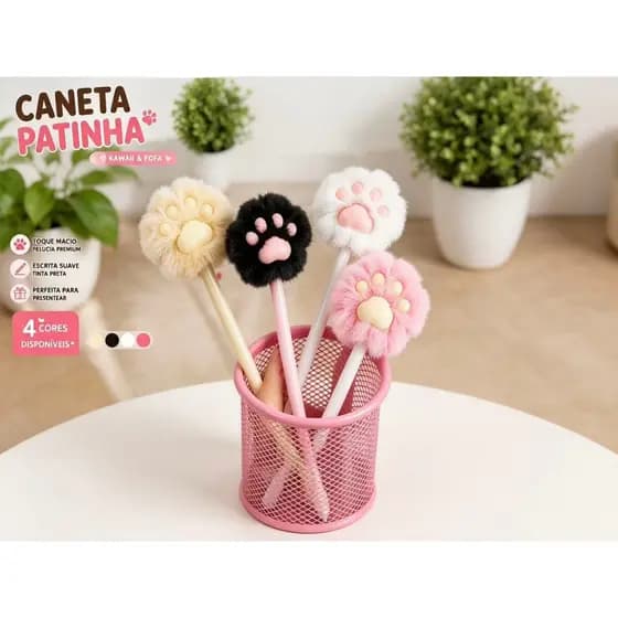 Caneta PomPom Patinha de Cachorro Gatinho Gato Cachorro Papelaria Fofa Kawaii Material escolar