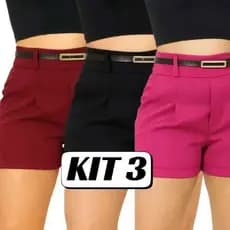 Kit 3 Short Feminino Alfaiataria com Cintura Alta e 2  Bolso Na Frente