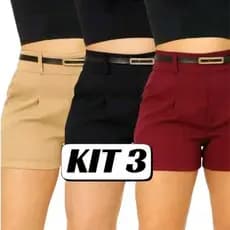Kit de 3 Short Feminino Tecido Alfaiataria Premium Com Cintura Alta