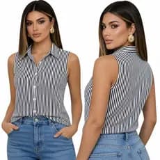 BlusFeminina Regata Social Listrada com Botões Transparentes Tecido Crepinho Elegante  01