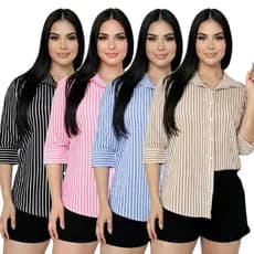 Camisa Listrada Feminina Elegante Manga 3/4 Moda Casual