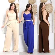 Conjunto Feminino Tecido Duna  Pantalona + Cropped com Bojo Ajustável Ao  Corpo 2026