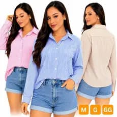 Camisa Social Feminina Manga Longa Listrada em Crepinho Elegante e Confortável  M G GG