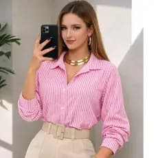 Camisa Feminina Social Manga Longa Listrada Moda Casual Chique em Crepinho M G GG