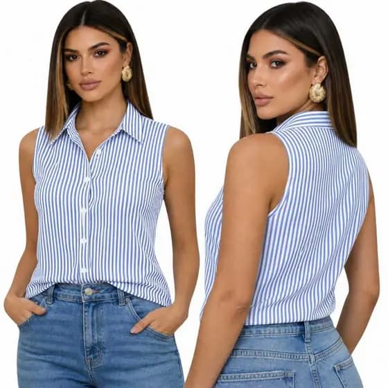 Blusinha Feminina Regata Listrada e Lisa com Botões Transparentes em Crepinho 03
