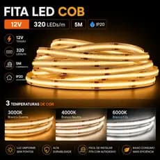 Fita LED COB 5m 12V IP20 320 LEDs/m Luz Contínua 3000K 4000K 6000K
