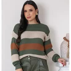 Blusa Feminina de Frio Listrada de Tricot Lã Premium Manga Longa Gola Redonda Lançamento Inverno