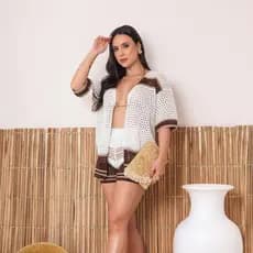 Conjunto Feminino Laçamento 2026 Saída de Praia Tricot Shorts e Blusa kimono Crochê Elegante Praia