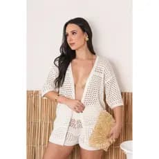 Conjunto Feminino Saída de Praia Tricot Shorts e kimono Crochê Elegante Crochê Moda Praia Verão 2026