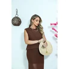 Conjunto Tricot Premium Saia Longa Fenda e Blusa Regata Elegante Festa Moda Verão Tendência 2026
