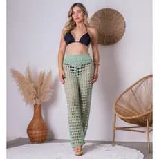 Calça Saída de Praia Tricot Detalhes Vasado Crochê Premium Elegante