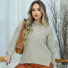 Blusa Feminina Tricot Frio Inverno Geométrica Mullet Barra com Abertura Lateral Elegante Confortável