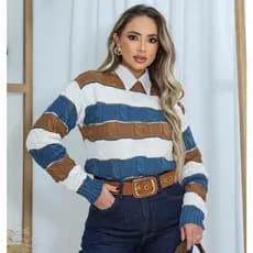 Blusa Tricot De Frio Inverno Com Tranças Listrada Lã Premium Gola Redonda Lançamento Moda Blogueira
