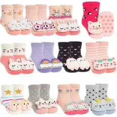 KIT 1, 3 , 6 e 9 Pares Meia Antiderrapante Bichinho de Pelúcia 3D Chocalho Bebe Menina Menino 0 a 24 Meses RN a 2 Anos