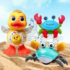 Kit Pato Caranguejo Fujão Patinho Brinquedo Dançante Musical Dançarino Anda Mexe com Luz Som Sensor