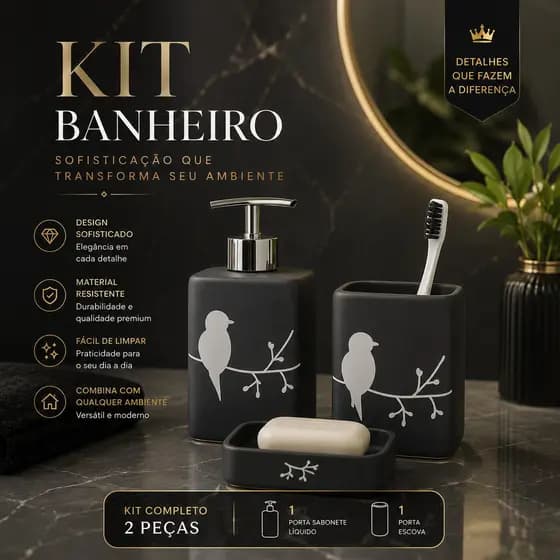Kit Lavabo Porcelana Luxo Dispenser Porta Sabonete Liquido Porta Escova Decoração Banheiro