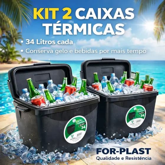 Kit Caixa Térmica ForPlast Black  Resistente 34 Litros Praia Alça Com  Porta Copos 50Latas ou 7garrafa