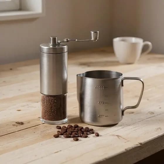 Kit Moedor De Café Manual + Jarra Barista Pitcher Inox 350ml