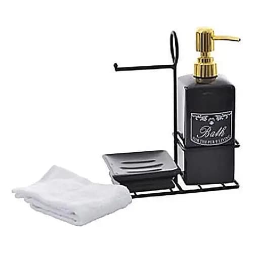 Kit Lavabo Banheiro Porcelana Com Suporte E Toalha Preto
