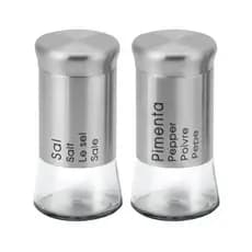 Kit Porta Tempero Saleiro E Pimenteiro Em Inox Vidro 2 Pcs