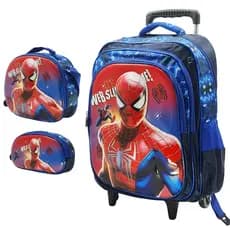 Mochila Escolar Infantil 3D Carrinho Kit Com Estojo Lancheira Térmica Impermeável Rodinhas 3 Peças - Homem Aranha