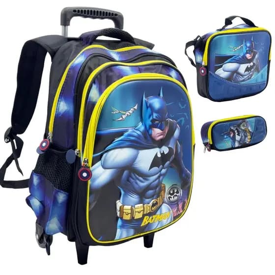 Mochila Escolar Infantil 3D Carrinho Kit Com Estojo Lancheira Térmica Impermeável Rodinhas 3 Peças - Menino Batman