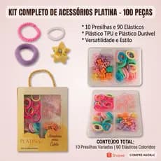 Kit 100 Acessórios de Cabelo Platina - 90 Elásticos + 10 Presilhas Coloridas - Pronta Entrega