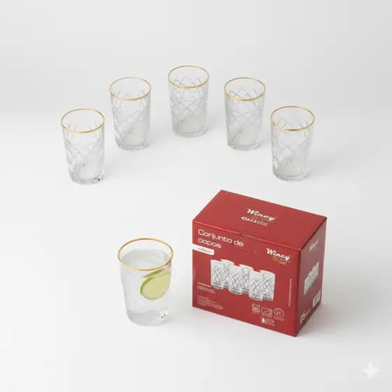 Jogo de Copos de Vidro 360ml com Borda Dourada – 6 Peças  Design Lapidado Premium