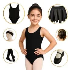 Kit Ballet Completo com 6 Peças PRETO (Tam 2 a 16) Regata, saia Cós, Rede, Faixa, Sapatilha e Meia PRETA