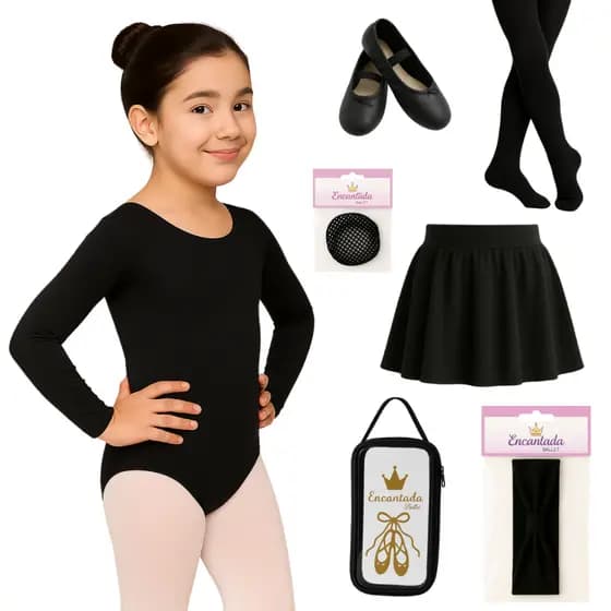 KIT Ballet PRETO Manga Longa + Saia Cós + Rede + Faixa + Meia calça Fio 40 + Sapatilha + Porta Sapatilha PRETA