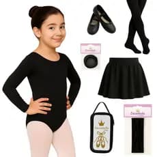 KIT Ballet PRETO Manga Longa + Saia Cós + Rede + Faixa + Meia calça Fio 40 + Sapatilha + Porta Sapatilha PRETA