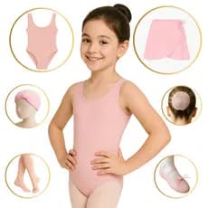 Kit Ballet Completo com 6 Peças ROSA (Tam 2 a 16) Regata,  saia Transpassar, Rede, Faixa, Sapatilha e Meia ROSA